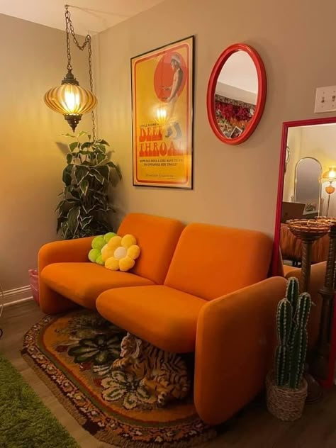 Apartment Decorating Orange, Studio Apartment Ideas Retro, Orange Couch Ikea, 70s Style Room Aesthetic, Room Decor 70s Style, Room With Orange Couch, Retro 70s Apartment, 70s Home Decor Green, Colorful 70s Living Room