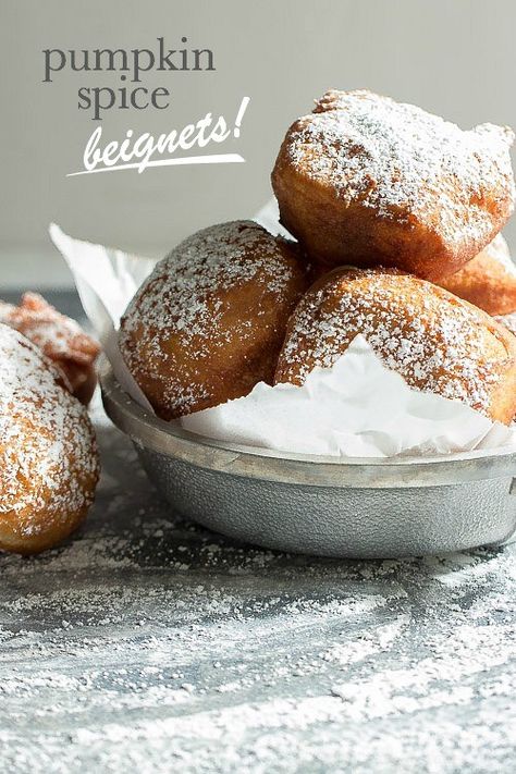 Warm beignets dusted with powdered sugar. Fresh and warm, these pumpkin spice beignets are perfect for breakfast. #foodnessgracious #pumpkinspicebeignets #beignetsrecipe #pumpkinspice #breakfastideas #fallflavors Fried Desserts, Fall Recipes Breakfast, Beignet Recipe, Fall Foods, Fall Breakfast, Fall Food, Beignets, Pumpkin Recipes, Brunch Recipes