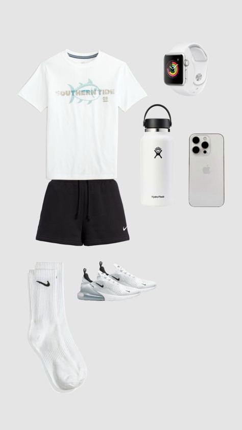 southern tide white shirt nike black short nike socks white 270 shoes iphone hydro flask waterbottle apple watch Short Nike Socks, Short Nike, Gym Outfit Men, Nike Socks, Shirt Nike, Southern Tide, Hydro Flask, School Fits, Streetwear Men Outfits