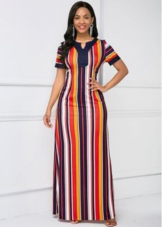 Dress With Stripes Outfit Ideas, Latest Dress For Women, Color Composition, Afrikaanse Mode, African Maxi Dresses, Fashion Dresses Online, Short Sleeve Maxi Dresses, Keyhole Neckline, Neck Bodycon Dress