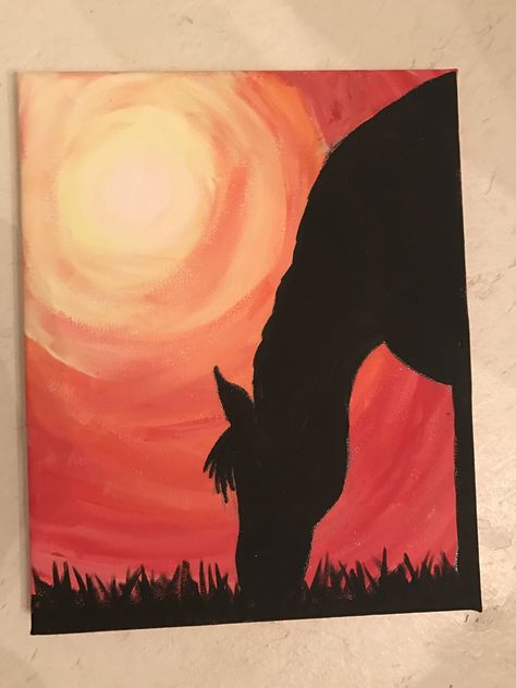 Horse silhouette painting Black Horse Painting Acrylic Easy, Horse Silhouette Painting, Horse Paintings Acrylic, Horse Canvas Painting, Western Paintings, Silhouette Painting, Small Canvas Paintings, Horse Silhouette, Gouache Art