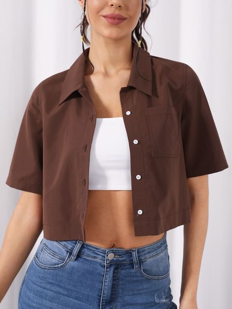 Coffee Brown Casual  Short Sleeve Polyester Plain Shirt Embellished Non-Stretch Summer Women Tops, Blouses & Tee Crop Top Shirts For Women, Loose Crop Shirts For Women, Casual Tops For Women With Jeans Summer, Crop Shirts For Women Casual, Shirt Outfits Women Aesthetic, Trendy Crop Tops For Women, Crop Shirt Outfits Summer, Crop Shirt Styling, Brown Shirts For Women Casual