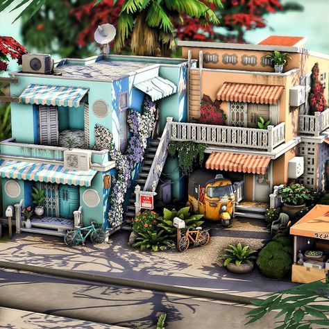 Tropical Apartments in Tomarang 🌴 | Patreon Sims 4 Rental, Lotes The Sims 4, Sims Challenge, Modern Parisian, The Sims 4 Lots, San Myshuno, Sims 4 Family, Bedroom Drawing, Sims 4 House Building