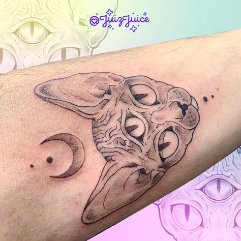 Tattoo tatuaggio cat sphinx esoteric moon crescent moon black Three Eyed Sphynx Cat Tattoo, Sphinx Tattoo Cat, Cat With Three Eyes Tattoo, Spinx Cat Tattoo, Hairless Cat Tattoo, Sphinx Cat Tattoo, Sphynx Tattoo, 3rd Eye Tattoo, Fantastic Tattoo