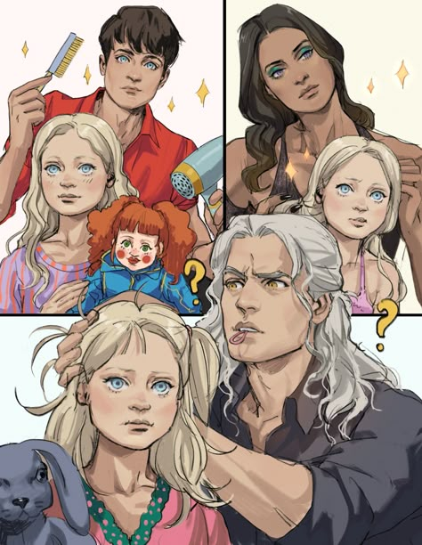 Columbo on Twitter: "Jaskier and Yennefer doing (baby) Ciri‘s hair vs Geralt #thewitcher… " Ciri Witcher Art, The Witcher Eskel, Geraskier Fanart, Geralt Fanart, Geralt X Jaskier Fanart, Geralt And Ciri, Witcher Wallpaper, The Witcher Geralt, The Witcher Books