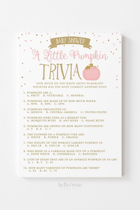 A Little Pumpkin Trivia Baby Shower Game . Pink and Gold Pumpkin . Girl Fall Baby Shower . Printable Instant Download . P1 #etsy #pink #babyshower #gold #babyshowergames #girlbabyshower #pinkandgold #showergames #girlshowergames #littlepumpkingirl Pink Pumpkin Baby Shower Ideas, Pink Pumpkin Baby Shower, Gold Pumpkins, Baby Prediction, Printable Bridal Shower Games, Pumpkin Colors, Pink Pumpkins, Baby Shower Pumpkin, Fall Baby