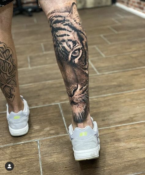 Tiger Tattoo For Men Leg, Tiger Leg Sleeve Tattoo Men, Calve Sleeve Tattoo, Tiger Leg Tattoo Men, Animal Knee Tattoo, Tattoo Ideas For Men Leg Calves, Leg Tattoo Men Calves, Tiger Tattoo Leg, Tiger Tattoo On Leg