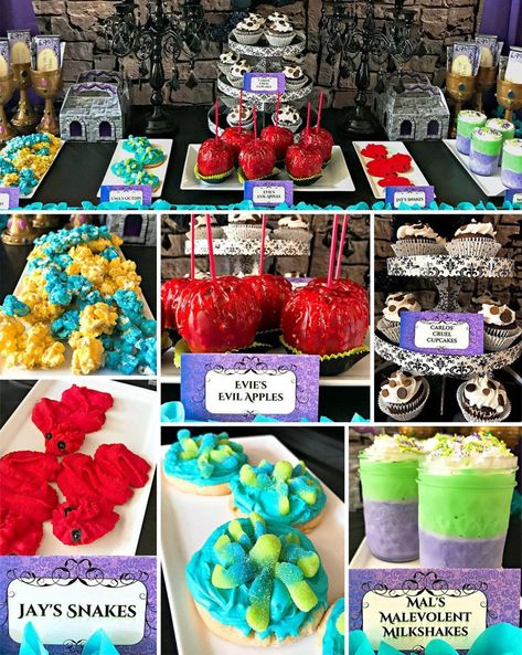 #ad Descendants 3 Party Ideas - Party Food Decendants Food Ideas, Descendants Themed Birthday Party, Disney Villain Birthday Party Ideas, Uma Descendants Party, Descendants 3 Birthday Party, Descendents Birthday Party Ideas, Descendants 3 Party Ideas, Disney Descendants Birthday Party, Descendants Themed Food