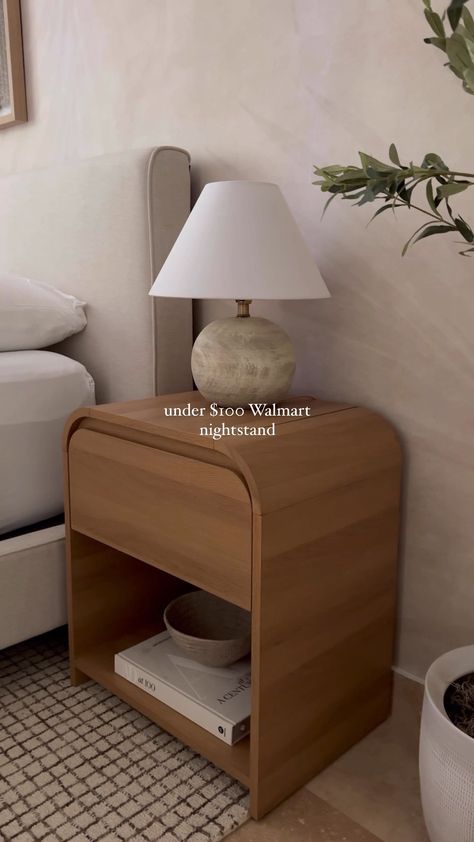 MUSEHOMEINC Modern Solid Wood … curated on LTK Minimal Bedside Table Design, Platform Bed Side Tables, Side Table Dresser, Only One Nightstand In Bedroom, Table Side Bed, Organic Modern Bedside Table, One Nightstand Bedroom Ideas, Oak And Walnut Living Room, Side Table Inspo Bedroom