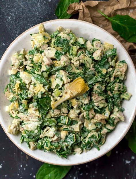 Spinach Artichoke Chicken Salad Chicken Salad Variations, Artichoke Chicken Salad, Paleo Chicken Salad Recipe, Basic Chicken Salad, Basic Chicken Salad Recipe, Salad Variations, Paleo Chicken Salad, Whole30 Chicken Salad, Artichoke Salad