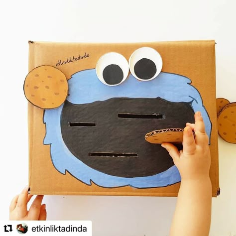 Draw Cookie Monster on box (use big googley eyes for more fun). In cardboard, draw and cut out cookies. On the box, in Cookie Monsters mouth, cut slits big enough for a cookie to be able to be dropped in. Fine motor skills Draw Cookie Monster, Cardboard Boxes Kids, Monster Activities, Cardboard Crafts Kids, Googley Eyes, Infant Classroom, Indoor Activities For Toddlers, Diy Preschool, Monster Crafts