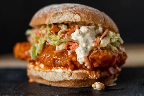 Crispy Buffalo Chicken Sandwich, Spicy Buffalo Chicken Sandwich, 86 Eats, Celery Slaw, Vegan Blue Cheese Dressing, Vegan Buffalo Chicken, Buffalo Chicken Sandwich, Vegan Chicken Salad, Seitan Chicken