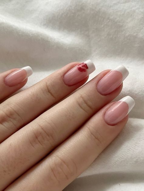 Nail Ballerina Ideas, French Tip Nails With Kisses, Red Kiss Nail Designs, Valentines Nails Ballerina Shape, Kisses Nail Art, Ballerina Nails Valentines Day, Ballerina Valentines Nails, Nail Designs Kisses, Easy Nail French Tips