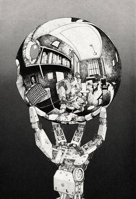 Katsuhiro Ōtomo (大友 克洋), Bionic hand with Reflecting Sphere : Fireball (An unfinished science fiction manga), Action Deluxe, 1979. Escher Hands, Katsuhiro Otomo, Mc Escher, Art Parody, Arte Cyberpunk, Manga Artist, Art Et Illustration, Comic Illustration, Illustrations And Posters