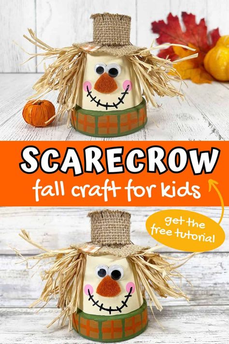 Terracotta Pot Scarecrow Craft, Clay Pot Scarecrow Fall, Scare Crow Crafts For Kids, Clay Pot Crafts For Kids, Mini Scarecrows Craft, Easy Craft For Seniors, Small Terra Cotta Pot Crafts, Fall Flower Crafts, Easy Scarecrow Craft