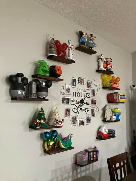 Disney Picture Collage Wall, Disney Home Theater Room, Disney Up Home Decor, Disney Figurines Display, Disney Collage Wall, Disney Rooms For Adults, Disney Home Ideas, Display Collections Ideas, Disney Living Room Decor