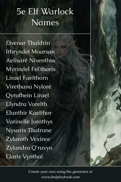 Elf Warlocks make pacts with ancient beings, blending their innate magical talent with forbidden powers to achieve mysterious goals. Fantasy Last Name Ideas, Elf Names Boy, Elf Names Dnd, Dark Elf Names, Male Elf Names, Warlock Names, Elvish Names, Elven Names, Male Character Names