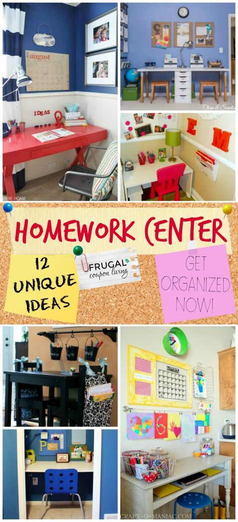 Home Command Centers and Homework Center Ideas - Get organized balancing work, home and school with these work form home homework stations. #homework #schoolwork #school #workfromhome #workathome #FrugalCouponLiving #classwork #homeworkcenter #homeworkstation Kitchen Table Homework Station, Small Homework Station, Kindergarten Homework Station, Homework Organization At Home, Homeschool Station, Homework Station For Kids, Family Command Center Ideas, Kids Study Spaces, Command Center Ideas