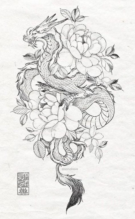 Two Dragon Back Tattoo, Dragon With Flowers Tattoo Designs, Big Dragon Tattoo For Women, Dragon Flower Drawing, Dragon Tattoo Stencil Designs, Thigh And Hip Tattoo Women, Dragon Mandala Tattoo, Vietnamese Dragon Tattoo, Dragon Floral Tattoo