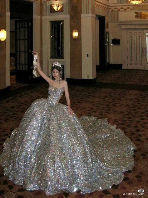 Silver Dress Ball Gowns, Sparkly Bridal Outfit, Silver Xv Dresses, Big Prom Dresses Ball Gowns, Big Puffy Dresses, Plata Aesthetic, Silver Princess Dress, Silver Quinceanera Dresses, Prom Dresses Puffy