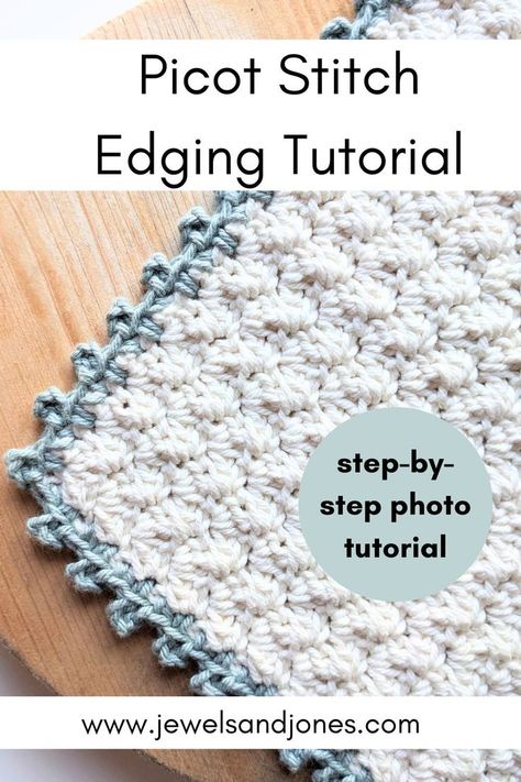 A cotton crochet washcloth with a picot stitch edge. How To Crochet Picot Edging, How To Crochet A Picot Stitch, Crocheting Edging And Borders, Alpine Stitch Crochet Blanket Border, Crochet Blanket Edging Easy, One Row Crochet Border, Clean Crochet Edges, Cute Crochet Edges, Crochet Trims And Borders Free Patterns