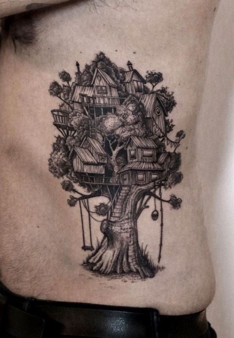 Treehouse Tattoo, Grey Tattoo, Black And Grey Tattoos, Skull Tattoo, Tree House, I Tattoo, Black And Grey, Tattoos