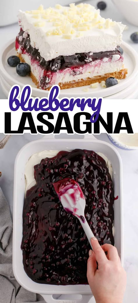 Blueberry Lasagna, Blue Dessert Recipes, Fruit Lasagna Dessert, Blueberry Marshmallow Dessert, Lasagna Dessert, Blueberry Pineapple Dessert, Blueberry Surprise Dessert, Easy Sunday Dessert Ideas, Blueberry Cool Whip Dessert