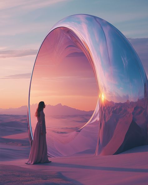 Stepping into another dimension 💫 Futurism Architecture, Fantasy Moon, Biro Art, Experiential Art, Angelic Aesthetic, Fantasy Land, Another Dimension, Pearl Pink, Moon Sun