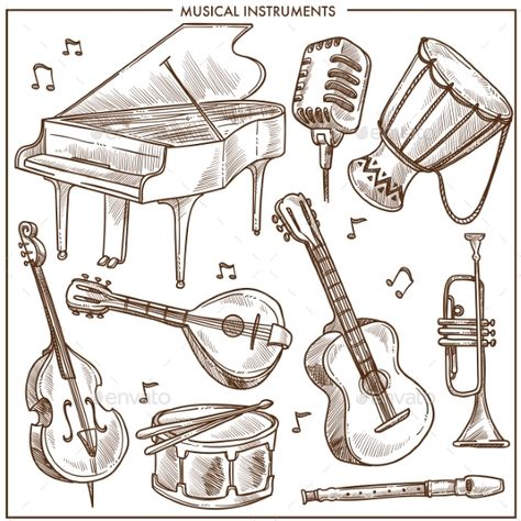 Musical Instruments Vector Sketch Icons Collection - Vector EPS. Download: https://graphicriver.net/item/musical-instruments-vector-sketch-icons-collection/21673675?ref=ksioks Musical Instrument Sketch, Sketch Of Musical Instruments, Musical Instruments Sketch, Harp Instrument Drawing, Bass Instrument Drawing, How To Draw Musical Instruments, How To Draw Instruments, Percussion Instruments Drawing, Drums Sketch