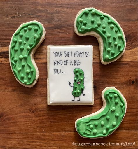 Pickle Cookies Decorated, Big Dill Birthday, Pickle Themed Birthday Party, Pickle Birthday Party, Pickle Birthday, Pickle Party, Country Club Aesthetic, Sugar Mama, Big Dill