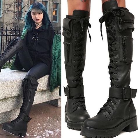 I don’t wanna alarm anyone but THESE BOOTS HAVE POCKETS OML. Current Mood Obsidian Pocket Combats available to order now in our new section. Link in bio! High Combat Boots, Knee High Combat Boots, Kawaii Shoes, High Street Fashion, Tall Leather Boots, Current Mood, Cool Boots, High Fashion Street Style, Boots Outfit