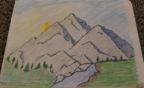 How To Draw Mountains Landscapes, Mountains Drawing Color, Mountain Drawing Colored Pencil, Mountain Drawing Simple Colour, Cute Mountain Drawing, Drawings Of Mountains, Mountain Drawing Simple, School Drawing Ideas, Waterfall Drawing