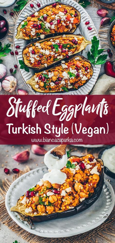 Bulgur Recipes Vegan, Vegan Stuffed Eggplant Recipes, Eggplant Recipes Turkish, Vegan Stuffed Eggplant, Turkish Stuffed Eggplant, Stuffed Eggplant Recipes Healthy, High Protein Eggplant Recipes, Vegan Turkish Food, Turkish Recipes Vegetarian