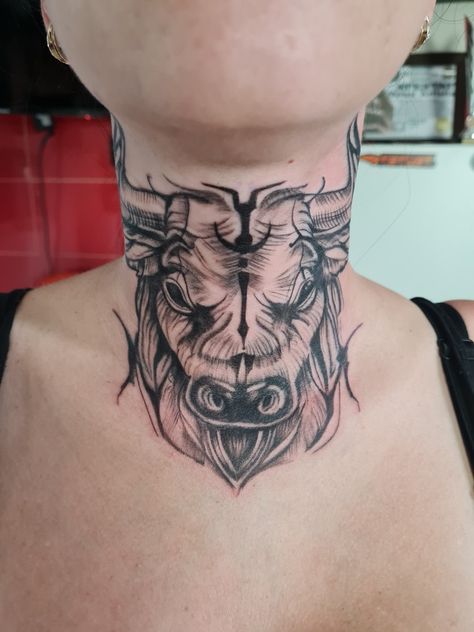 Tatuaj taur pe gat Taurus Neck Tattoo, Spain Bull Tattoo, Bull Neck Tattoo, Bull Head Tattoo, Front Neck Tattoo, Bull Skull Tattoos, Bull Tattoo, Taurus Bull, Bull Tattoos