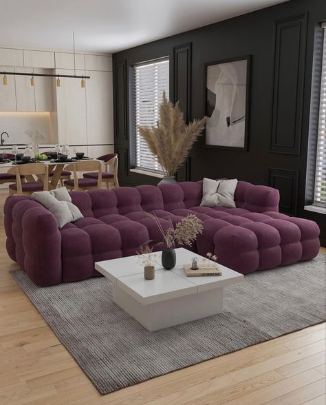 Living Room | Purple Couch | Black Walls | Modern Living Room | Furniture | Interior Design | Home Decor #couch #livingroomdesign #livingroomfurniture #livingroomdecorideas #interiordesign #interior #interiordesignideas #furniture #homedecorideas #homedesign Purple Couch Living Room Ideas, Purple Couch Living Room Decor, Purple Couch Living Room, Purple Sofa Living Room, Lavender Couch, Living Room Design Navy, Purple Living Room Decor, Purple And Grey Living Room, Grey And Purple Living Room