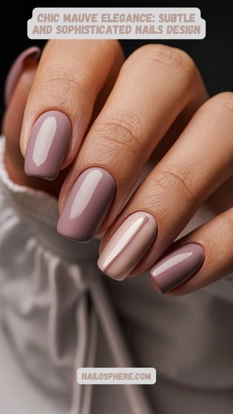 Elevate your style with this chic manicure featuring a perfect blend of soft mauve and nude tones. Each nail is meticulously painted to showcase a glossy finish that exudes elegance and sophistication. The subtle contrast between the muted mauve and the delicate nude accent nail creates a harmonious look, perfect for any occasion. Whether you're dressing up for a special event or simply adding a touch of class to your everyday ensemble, this manicure is sure to impress with its timeless appeal. Spice Nails, Olive Nails, Sophisticated Nails, Chic Manicure, Accent Nail, Chic Halloween, Orange Ombre, Colorful Nail Designs, Rich Color Palette