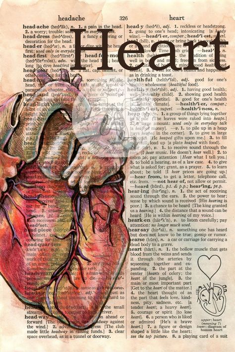 Heart by Kristy Patterson Heart Mixed Media, Mixed Media Drawing, Media Drawing, Shoes Art, Newspaper Art, Book Page Art, Dictionary Page, Dictionary Art, Heart Drawing