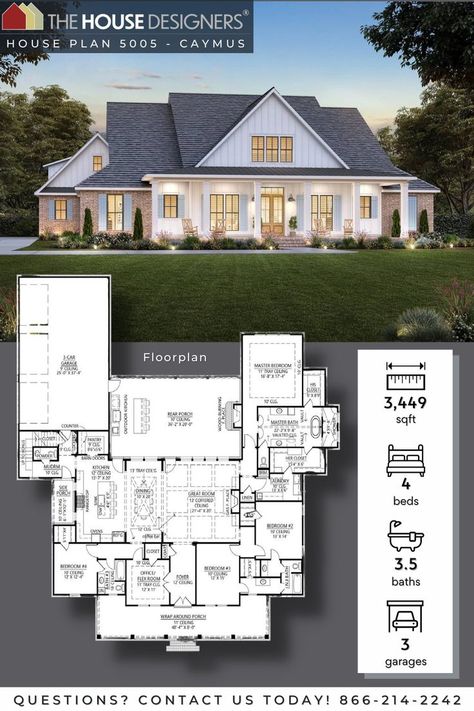 The Caymus house plan feature 3,449 square feet with a total of 4/5 bedrooms and 3.5 baths on 1 level. A grand entrance with an impressive doorway, vaulted ceilings, and transom windows welcomes you into a spacious floor plan highlighted by coffered ceilings in the great room. Cottagecore House Plans, Country Farmhouse Exterior, Single Level House Plans, 4 Bedroom Farmhouse, One Level House Plans, Four Bedroom House Plans, Country Floor Plans, Ranch Farmhouse, 5 Bedroom House Plans