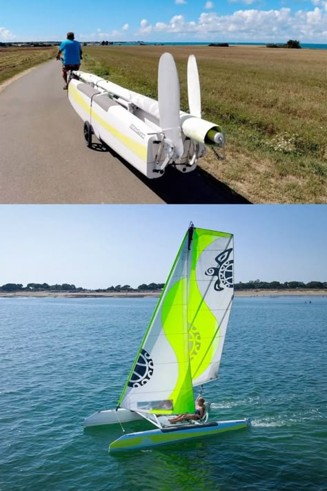 IZIBoat aims to revolutionize sailing with a collapsible, ebike-towable catamaran Catamaran Sailing, Angler Kayak, Water Bike, Folding Boat, Outrigger Canoe, Small Sailboats, Wooden Boat Building, Kayak Boats, Sailboat Design