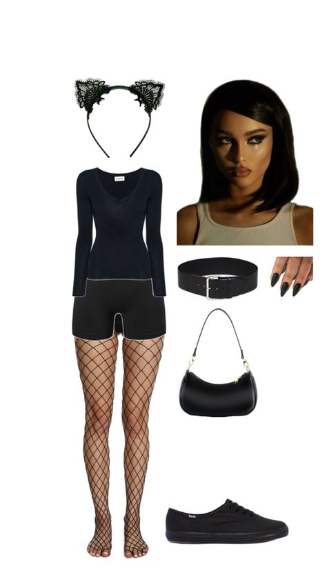 Black gym shorts Black top Black Nails Black Makeup Cat Makeup Cat ears Fishnets Black belt Black shoes Outfit Cat Outfits Women Halloween, Black Cat Woman Costume, Cat Women Makeup Halloween, Fishnet Halloween Costume, Cat Halloween Costumes For Women, Fishnet Costume, Black Cat Costume For Women, Cat Women Halloween Costumes, Halloween Women Makeup