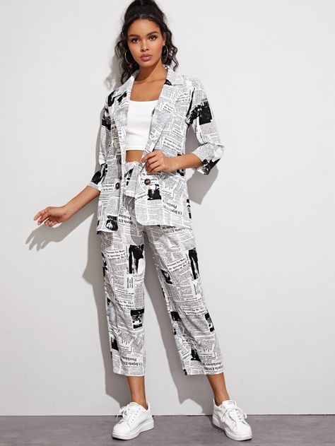 Newspaper Print Dress, Drawstring Waist Pants, Newspaper Print, Black And White Style, Belted Pants, Dress Images, Printed Blazer, Fashion Images, Clothing Size Chart