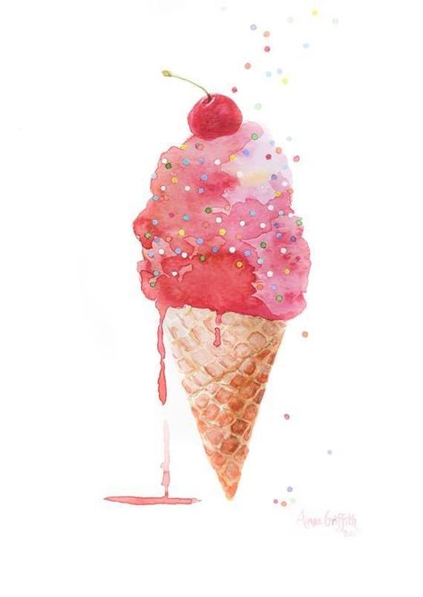 Traditional Art Prints, Kentucky Art, Ice Cream Art, Watercolour Inspiration, Cherry On Top, Nursery Decor Girl, Sumi E, Watercolor Art Prints, Ice Cream Cone