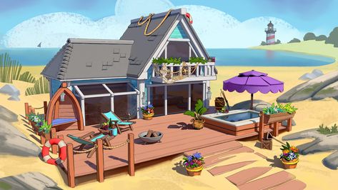 ArtStation - Home & Garden Makeover - Beach House Concept Beach Concept Art, Fantasy Beach Village, Beach House Concept Art, Beach City Concept Art, Beach Side House, Isometric Beach, Aircraft Interiors, Rest House, Beach House Interior Design