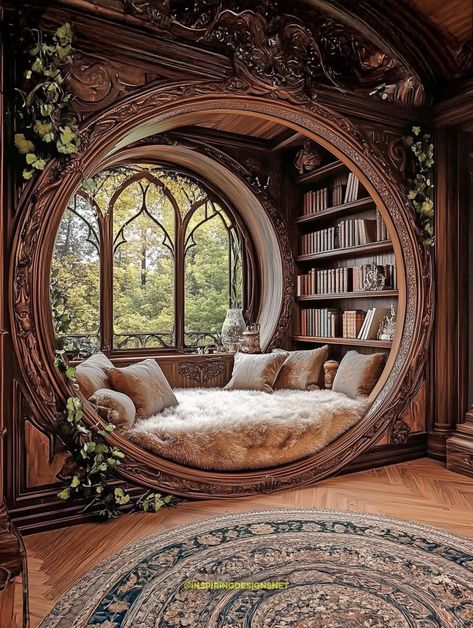 Hobbit Inspired Library, Castle Inspired Homes Interior Design, Hobbit Library Aesthetic, Modern Hobbit House Interior, Elvish Interior Design, Shire Inspired Home, Hobbit Hole Window, Hobbit Book Nook, Hobbit Decor Interior Design