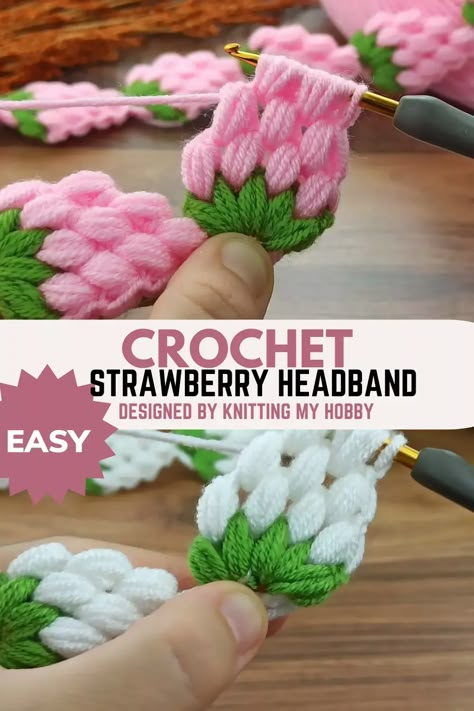 How To Crochet A Strawberry Headband For Your Baby Plushies To Crochet, Crochet A Strawberry, Christmas Crochet Applique, Winter Scarf Crochet Pattern, Easy Small Crochet, Strawberry Crochet Pattern, Strawberry Nursery, Winter Scarf Crochet, Crochet Strawberries