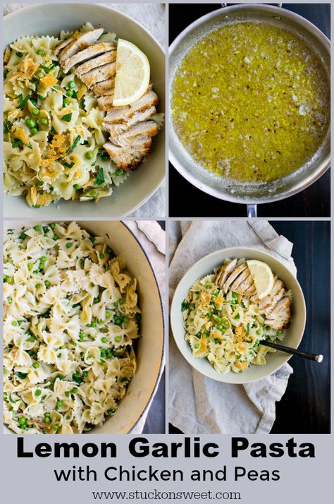 Garlic Pasta With Chicken, Chicken Peas Pasta, Chicken And Peas, Pasta Food Recipes, Lemon Garlic Pasta, Pasta With Peas, Pasta With Chicken, Dinner Pasta, Cheap Clean Eating