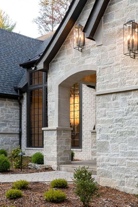 Gorgeous European-inspired home with a contemporary twist in Asheville French Contemporary Home, French Country Exterior, Stone Exterior Houses, Modern Outdoor Living, Brick Exterior House, Construction Home, French Architecture, Modern Farmhouse Exterior, Home Inspo