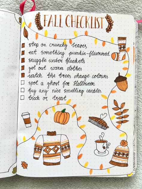 October 2018 Bullet Journal fall check list page Fall Tbr Bullet Journal, Bullet Journal Ideas Pages September, September Journal Ideas Easy, October Goals Bullet Journal, Halloween Bulletin Journal Ideas, October Journaling Ideas, October Journal Ideas Easy, September Bulletin Journal Ideas, Fall Notebook Ideas