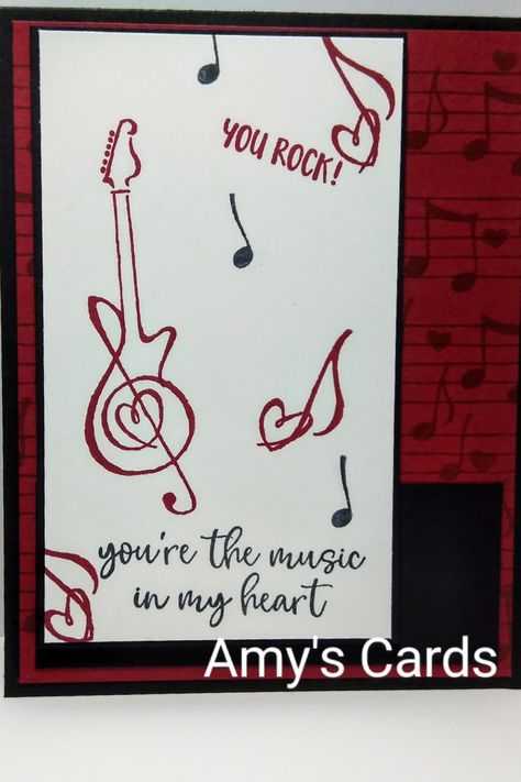 This is a cute card I made for my teenage grandson's. I had a great time creating my own designer paper with the stamp set. It's made with the Music from the Heart stamp set from Stampin' Up.  A great set to make cards for the music lover! Colour Coordination, Musical Cards, Music Heart, Valentine Cards Handmade, Up Music, Handmade Headbands, Music Themed, Heart Cards, Coordinating Colors