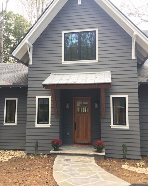 Benjamin Moore Kendall Charcoal, Dark Exterior House Colors, Dark Exterior House, Charcoal House, Benjamin Moore Exterior, Exterior Gray Paint, Kendall Charcoal, Gray House Exterior, Door Awning